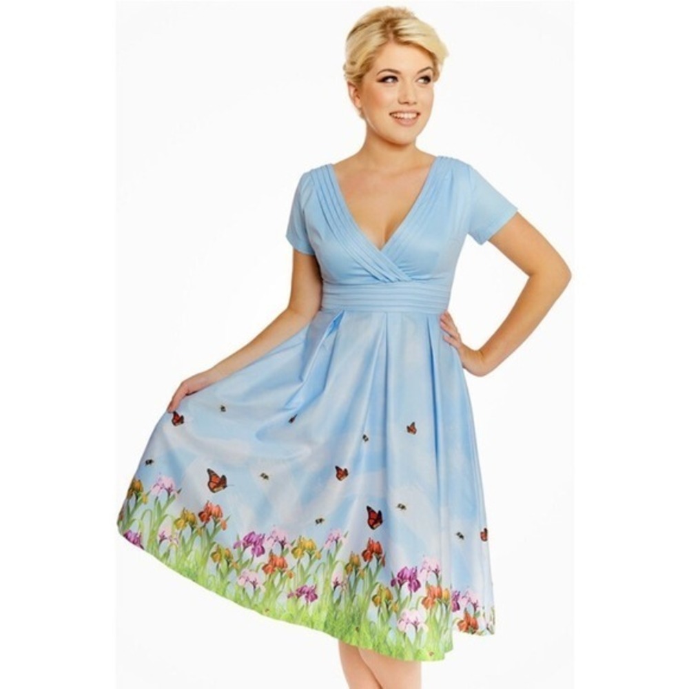 Lindy Bop Light Blue Butterfly Garden Midi Dress